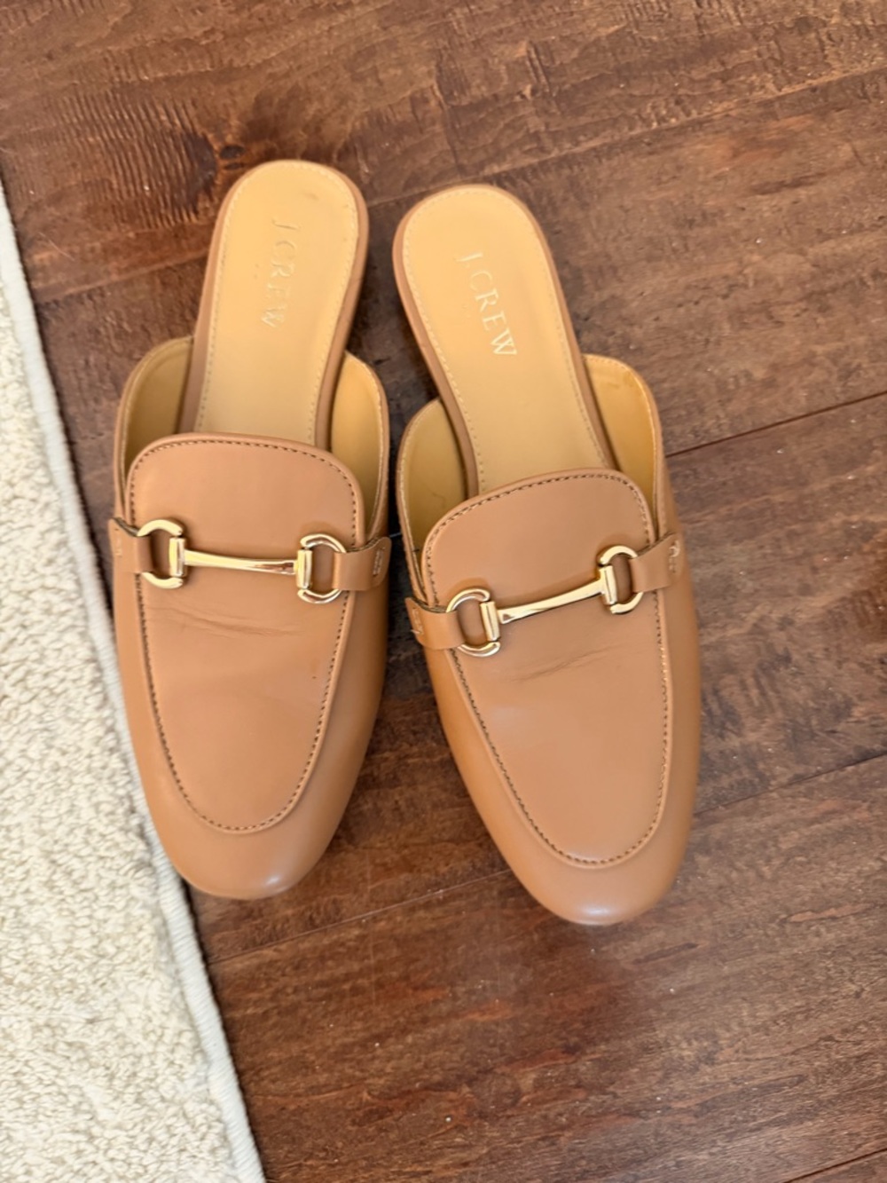 J. Crew Camel Leather Backless Bit Mules with Gold Hardware